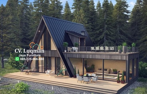 Rumah Kayu Glamping Mewah 2 Lantai Dan Teras Samping