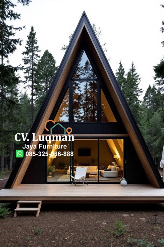 Rumah Segitiga Kayu Jati Modern – Desain A-Frame Elegan dan Premium