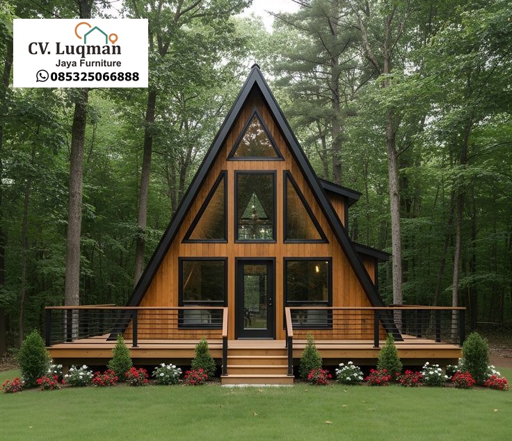 Villa Segitiga Modern Signature: Villa Kayu dengan Kaca Panorama & Dek Industrial