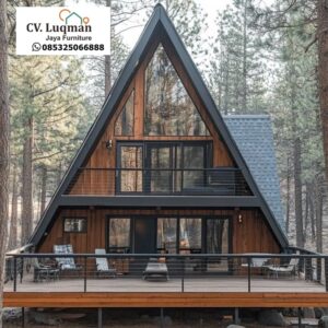 Rumah Segitiga Modern 2 Lantai – Desain Kayu Elegan dengan Balkon
