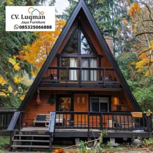 Kabin A-Frame 2 Lantai dengan Balkon Lebar | Rumah Kayu Minimalis Rustic Harga Terbaik