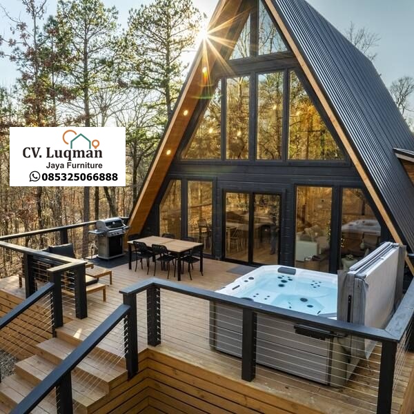 Rumah Segitiga Kayu Premium: Vila Dua Lantai dengan Dek Luas