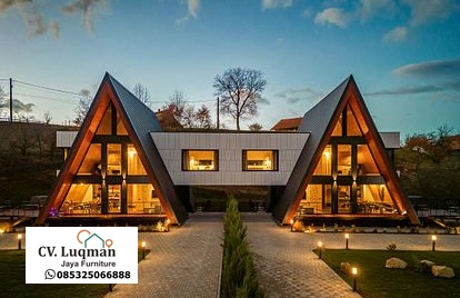 Rumah Kayu A-Frame Double Cabin Modern – Desain Elegan Dua Sisi untuk Villa, Glamping, dan Hunian Eksklusif
