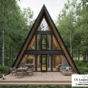 Rumah Segitiga Modern 2 Lantai dengan Mezanine & Dinding Kaca Full View