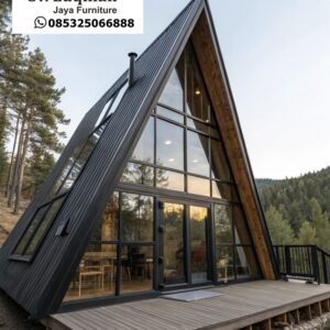 Rumah Segitiga Industrial Modern Full Glass dengan Atap Metal Hitam Premium