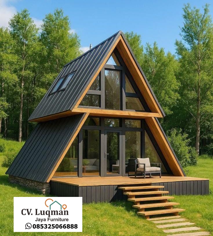 abin A-Frame Premium! Rumah Kayu Modern Tahan Cuaca, Desain Kaca Panorama