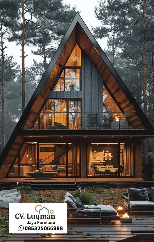 Desain Kabin A-Frame Luxury 3 Lantai dengan Fasad Kaca Panorama dan Balkon Interior