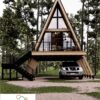 Model Kabin Kayu Segitiga Modern (A-Frame): Lengkap Teras Balkon & Carport Bawah