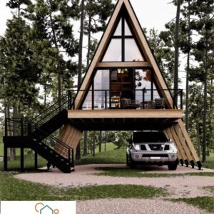 Model Kabin Kayu Segitiga Modern (A-Frame): Lengkap Teras Balkon & Carport Bawah