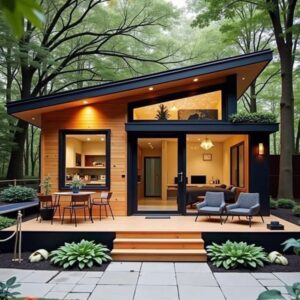 Tiny House Modern Minimalis 1 Lantai: Desain Atap Miring Ikonik dengan Fasad Kayu
