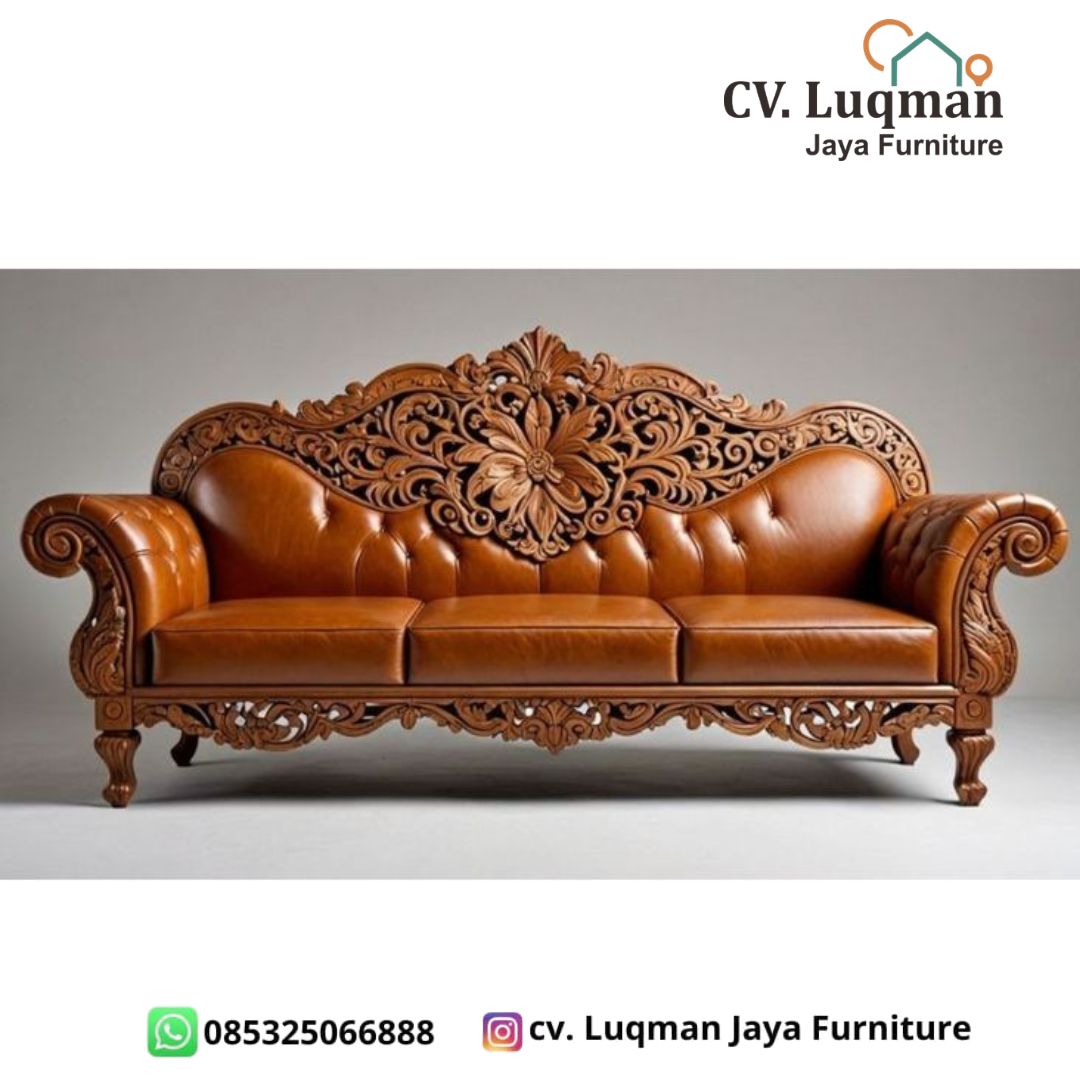 Sofa Sultan Ukir Jepara: Perpaduan Jati Solid dan Kulit Premium untuk Ruang Tamu Berkelas