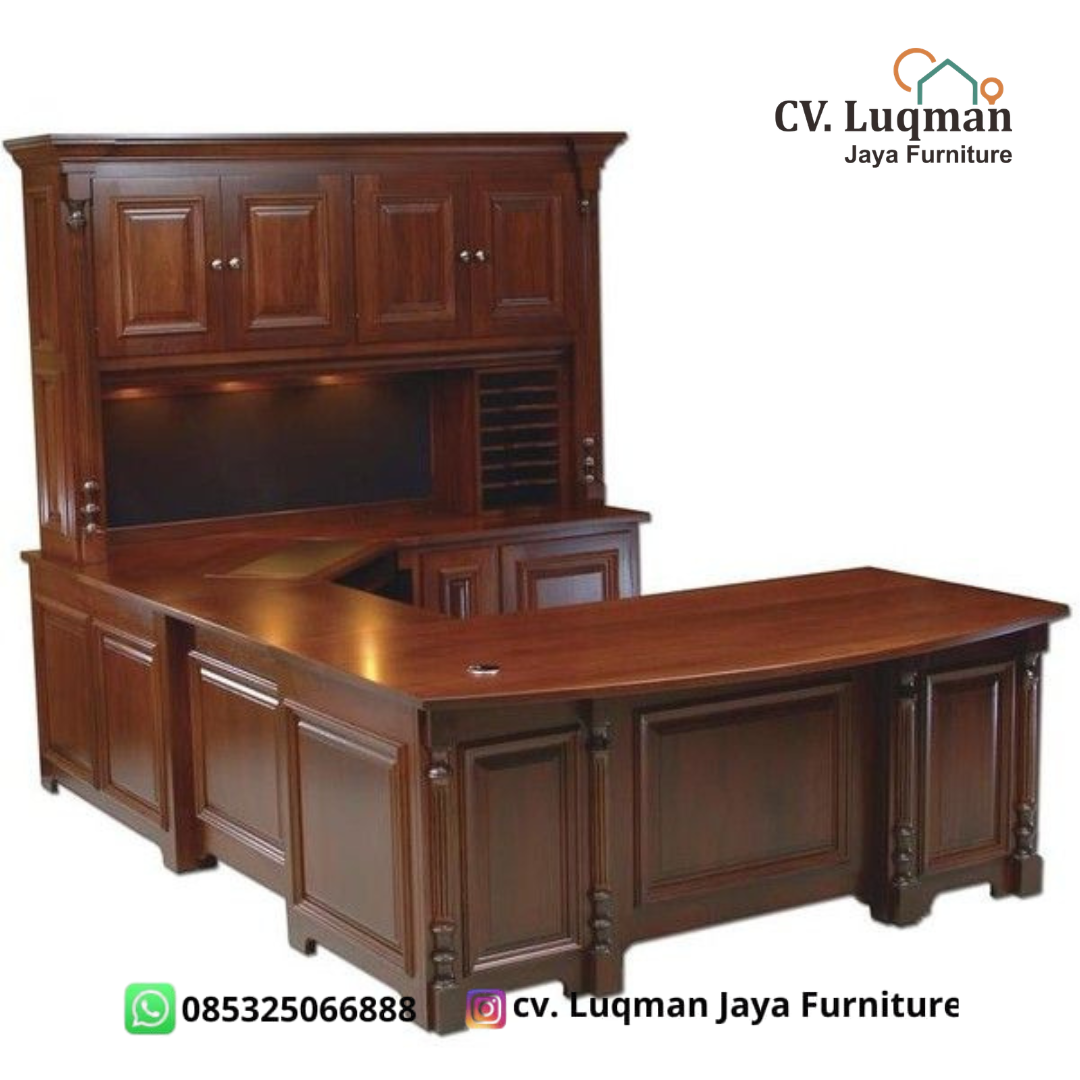 Meja Kantor U-Shape Eksekutif Klasik Kayu Jati - Meja Direktur Custom CV. Luqman Jaya Furniture