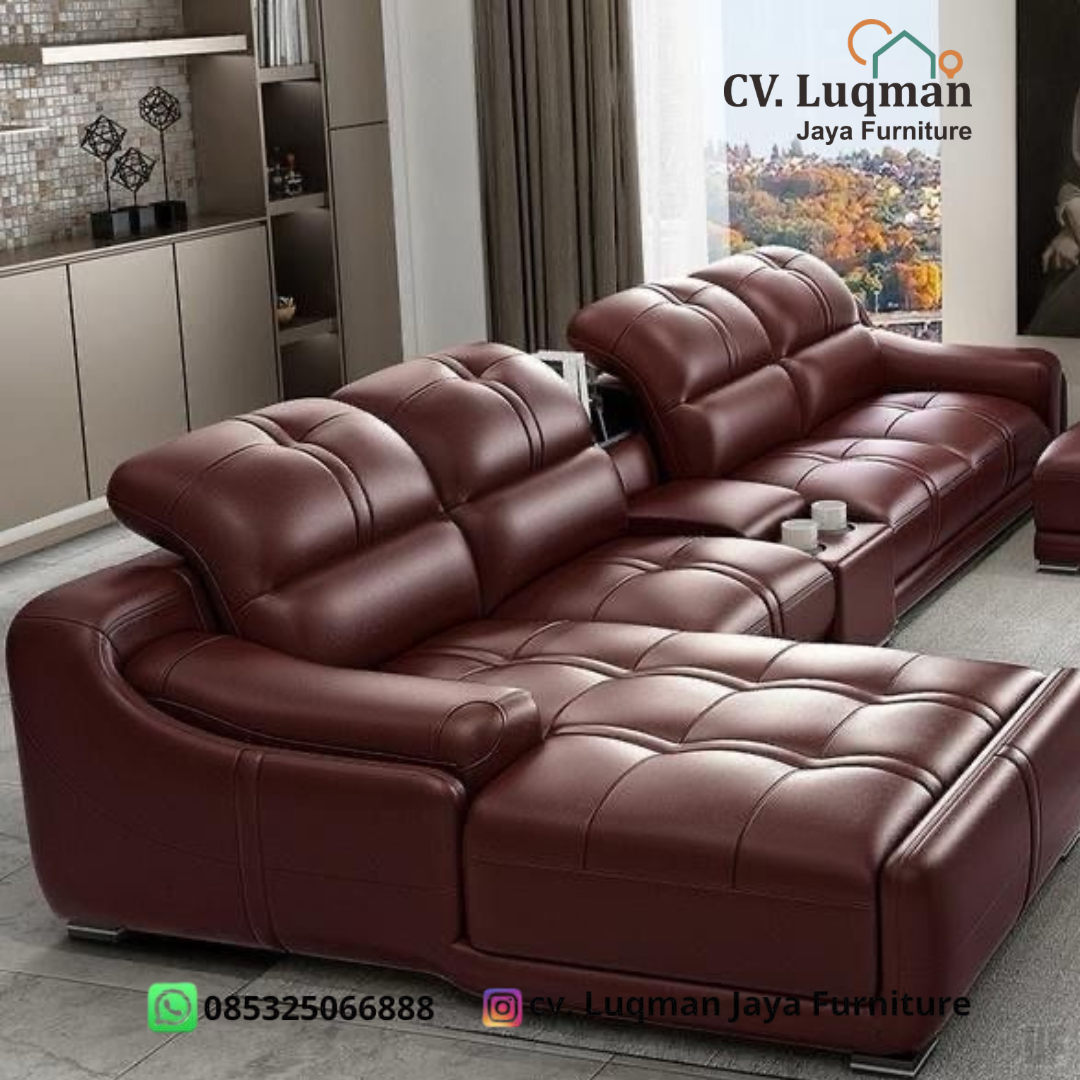 Mahakarya Kenyamanan Sofa L-Shape Leather Premium dengan Sentuhan Kulit Sapi Asli & Kayu Jati Perhutani