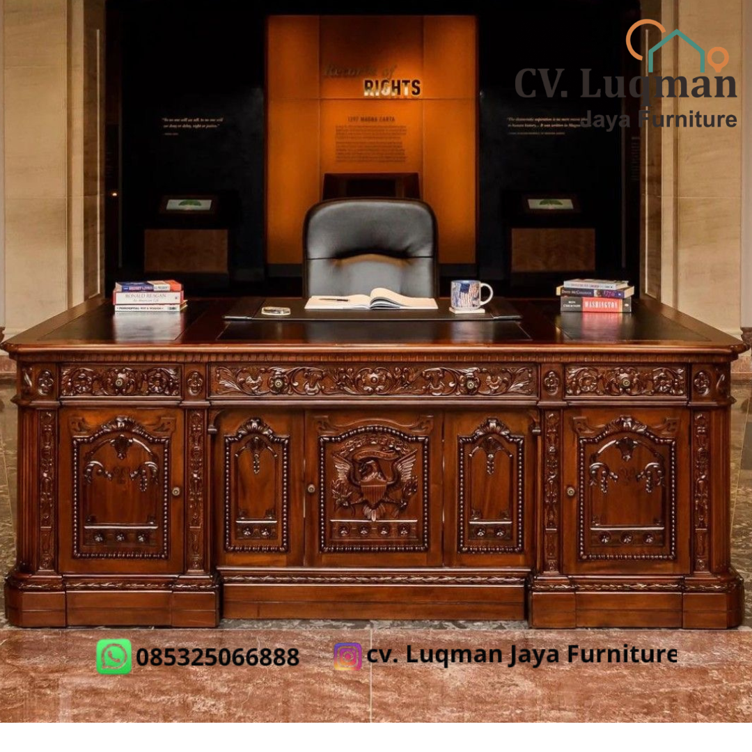 Meja Kantor Eksklusif Klasik Kayu Jati Perhutani Grade B- Kemegahan Desain Ukir Tradisional Jepara