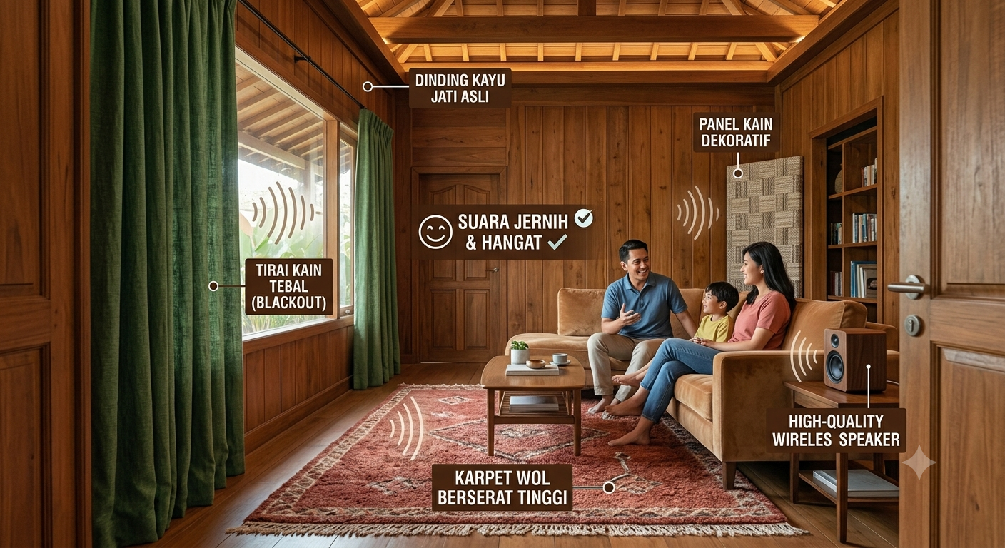 4. Rumah Kayu Jati Dinding Tunggal Menerapkan Elemen Interior Penyerap Gema