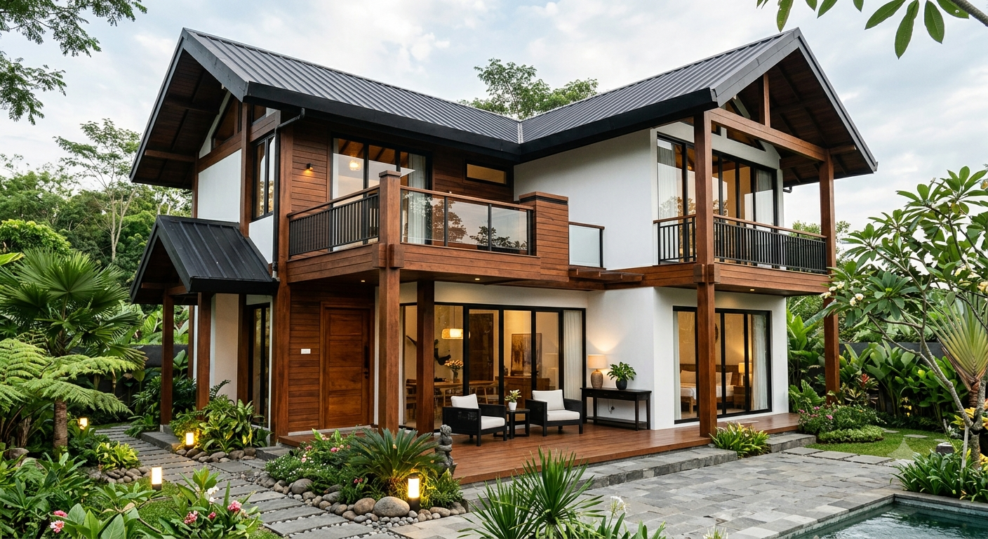 Rumah Kayu Jati Kombinasi Monokrom
