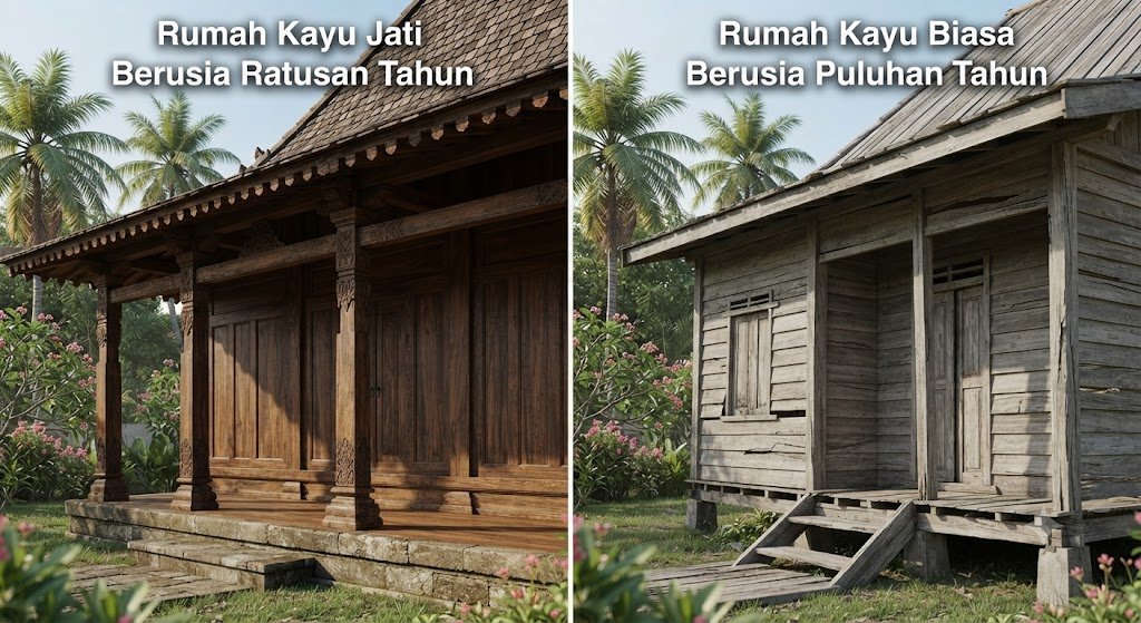 Kesimpulan  Memahami perbedaan antara rumah kayu jati asli dan rumah kayu biasa membantu Anda mengambil keputusan yang lebih tepat. Enam aspek utama yang perlu Anda perhatikan meliputi kekuatan material, ketahanan terhadap rayap dan jamur, tampilan serat dan warna, umur pakai bangunan, biaya perawatan, serta nilai investasi.  Selain menawarkan struktur yang kokoh, rumah kayu jati juga menghadirkan keindahan alami yang sulit ditandingi oleh jenis kayu lainnya. Serat yang rapat, warna yang elegan, serta daya tahan yang tinggi membuat rumah tetap terlihat menarik selama bertahun-tahun.  Perbedaan rumah kayu jati asli dengan rumah kayu jati biasa