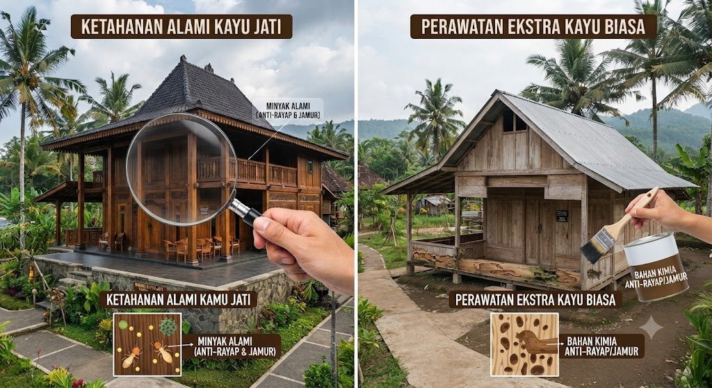 Perbedaan rumah kayu jati asli dengan rumah kayu jati biasa