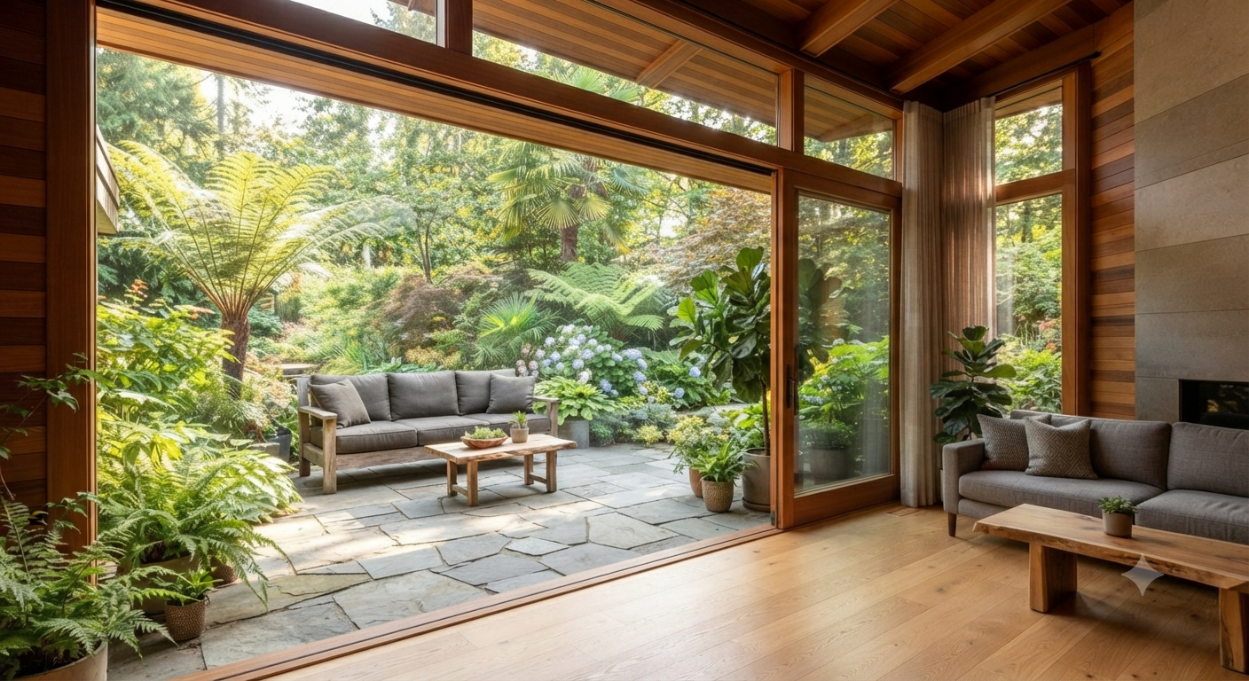 6. Kombinasikan Kaca dengan Teras dan Area Outdoor  Cara terakhir adalah menghubungkan area dalam rumah dengan ruang luar menggunakan kaca. Konsep ini sangat cocok untuk rumah kayu jati yang memiliki taman atau halaman.  Anda dapat memasang pintu kaca lebar dari ruang keluarga menuju teras. Saat pintu terbuka, area interior dan eksterior terasa seperti satu kesatuan.  Selain itu, gunakan lantai kayu jati pada area dalam dan material batu alam pada teras. Perpaduan tersebut menciptakan transisi visual yang menarik antara ruang interior dan eksterior.  Kemudian, tambahkan tanaman hijau di sekitar teras. Warna alami tanaman akan berpadu dengan warna kayu dan menghasilkan suasana yang lebih segar.  Untuk rumah dengan lahan terbatas, Anda juga dapat menggunakan taman kecil sebagai latar belakang pintu kaca. Dengan cara tersebut, penghuni tetap memperoleh pemandangan hijau tanpa membutuhkan halaman yang luas.
