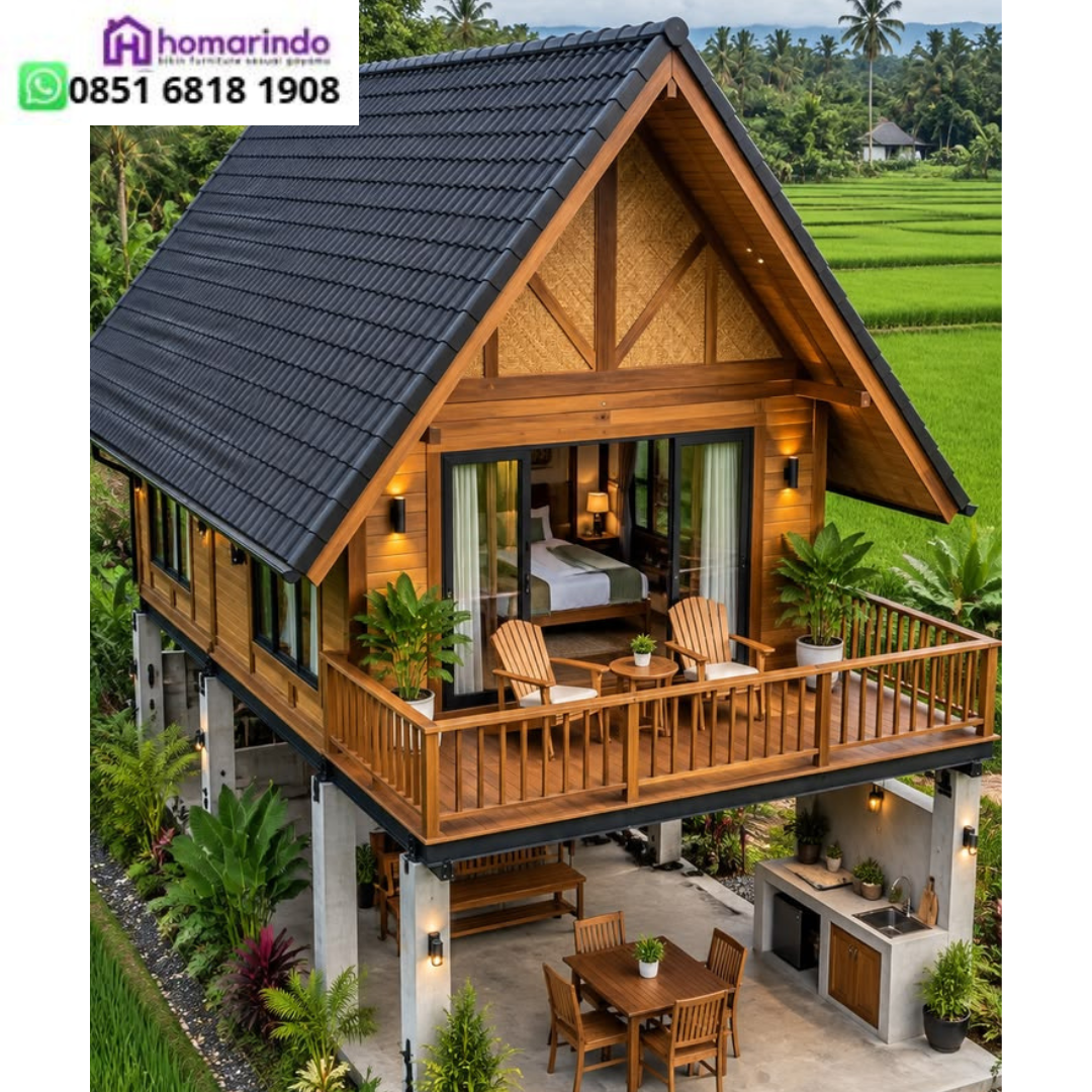Spesifikasi Teknis Terperinci Berikutnya, melangkah ke aspek teknis, mari kita lihat spesifikasi detail rumah panggung ini. Tentunya, pengetahuan spesifikasi membantu Anda mengambil keputusan tepat. Parameter Teknis Keterangan Bangunan Nama Model Rumah Panggung Segitiga Kayu Jati Tipe 6x7 Triangle Stilt Haven Ukuran Bangunan 6 Meter x 7 Meter (Termasuk Teras Atas & Area Bawah) Bahan Baku Utama Kayu Jati Tua Solid Kiln Dry Berkualitas High Grade Struktur Rangka Pilar Beton Kombinasi Balok Kayu Jati & Dinding Papan Fasilitas Utama Kamar Utama Atas, Dapur Bawah, Teras Luas, & Set Kursi Pintu & Jendela Pintu Geser Kaca Tempered & Jendela Kaca Berbingkai Hitam Harga Resmi Rp 120.000.000 (Sistem Knockdown Terpasang Rapi) Atap & Finishing Atap Genteng Hitam Minimalis & Natural Waterbased Coating Spesifikasi Teknis Terperinci Berikutnya, melangkah ke aspek teknis, mari kita lihat spesifikasi detail rumah panggung ini. Tentunya, pengetahuan spesifikasi membantu Anda mengambil keputusan tepat. Parameter Teknis Keterangan Bangunan Nama Model Rumah Panggung Segitiga Kayu Jati Tipe 6x7 Triangle Stilt Haven Ukuran Bangunan 6 Meter x 7 Meter (Termasuk Teras Atas & Area Bawah) Bahan Baku Utama Kayu Jati Tua Solid Kiln Dry Berkualitas High Grade Struktur Rangka Pilar Beton Kombinasi Balok Kayu Jati & Dinding Papan Fasilitas Utama Kamar Utama Atas, Dapur Bawah, Teras Luas, & Set Kursi Pintu & Jendela Pintu Geser Kaca Tempered & Jendela Kaca Berbingkai Hitam Harga Resmi Rp 120.000.000 (Sistem Knockdown Terpasang Rapi) Atap & Finishing Atap Genteng Hitam Minimalis & Natural Waterbased Coating