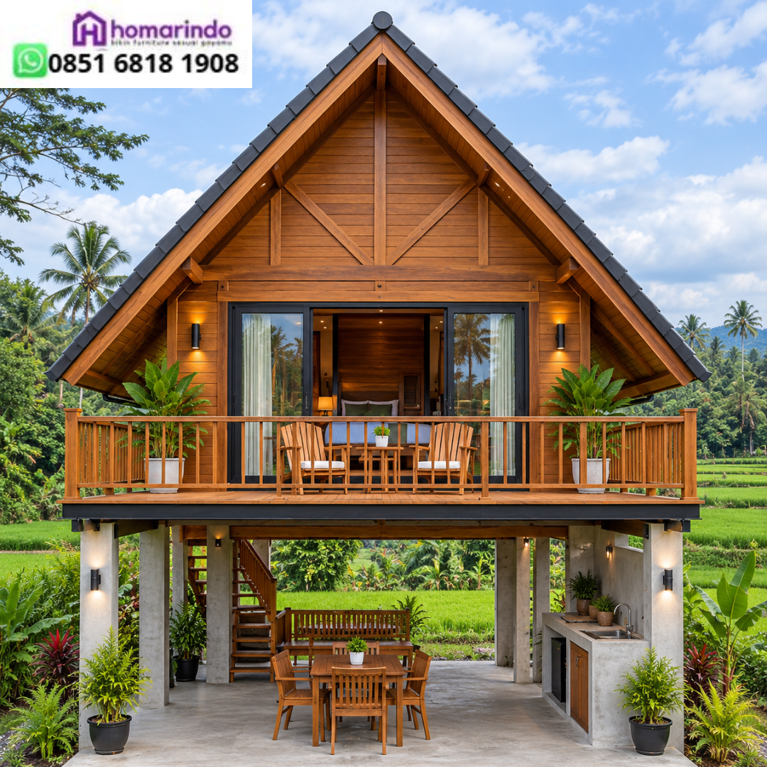 Spesifikasi Teknis Terperinci Berikutnya, melangkah ke aspek teknis, mari kita lihat spesifikasi detail rumah panggung ini. Tentunya, pengetahuan spesifikasi membantu Anda mengambil keputusan tepat. Parameter Teknis Keterangan Bangunan Nama Model Rumah Panggung Segitiga Kayu Jati Tipe 6x7 Triangle Stilt Haven Ukuran Bangunan 6 Meter x 7 Meter (Termasuk Teras Atas & Area Bawah) Bahan Baku Utama Kayu Jati Tua Solid Kiln Dry Berkualitas High Grade Struktur Rangka Pilar Beton Kombinasi Balok Kayu Jati & Dinding Papan Fasilitas Utama Kamar Utama Atas, Dapur Bawah, Teras Luas, & Set Kursi Pintu & Jendela Pintu Geser Kaca Tempered & Jendela Kaca Berbingkai Hitam Harga Resmi Rp 120.000.000 (Sistem Knockdown Terpasang Rapi) Atap & Finishing Atap Genteng Hitam Minimalis & Natural Waterbased Coating