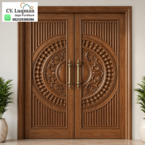 Pintu Utama Minimalis Ukiran Lingkaran CNC Kayu Jati