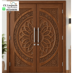 Pintu Utama Ukir CNC Kayu Jati Mewah Motifs Bunga Lingkaran