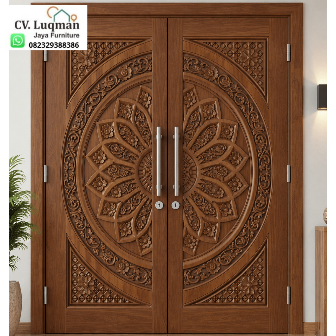 Pintu Utama Ukir CNC Kayu Jati Mewah Motifs Bunga Lingkaran Pintu Utama Ukir CNC Kayu Jati Mewah Motifs Bunga Lingkaran