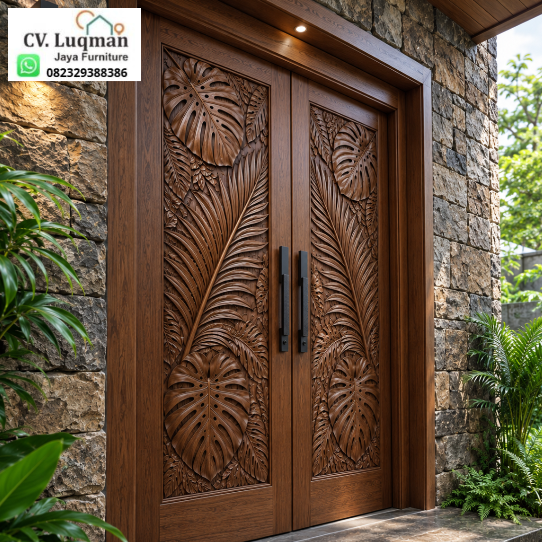 Pintu Utama Ukir CNC Motif Daun Tropis Monstera Kayu Jati Mewah Pintu Utama Ukir CNC Motif Daun Tropis Monstera Kayu Jati Mewah