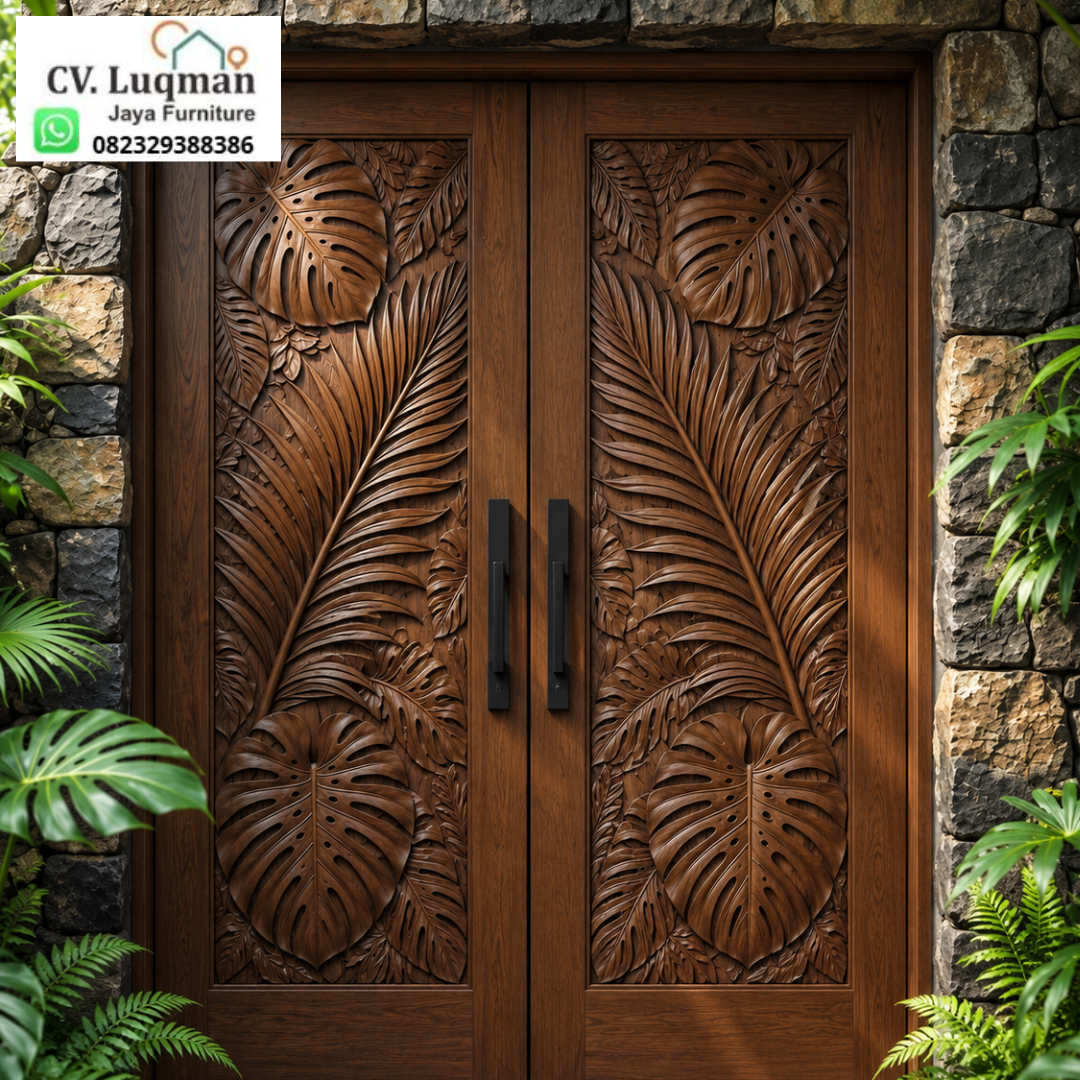 Pintu Utama Ukir CNC Motif Daun Tropis Monstera Kayu Jati Mewah Pintu Utama Ukir CNC Motif Daun Tropis Monstera Kayu Jati Mewah