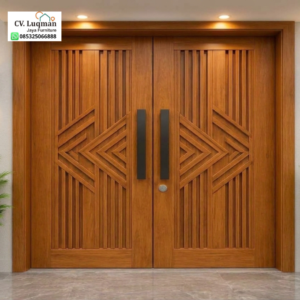Pintu Rumah Minimalis Kayu Jati Ukiran CNC Geometric Modern