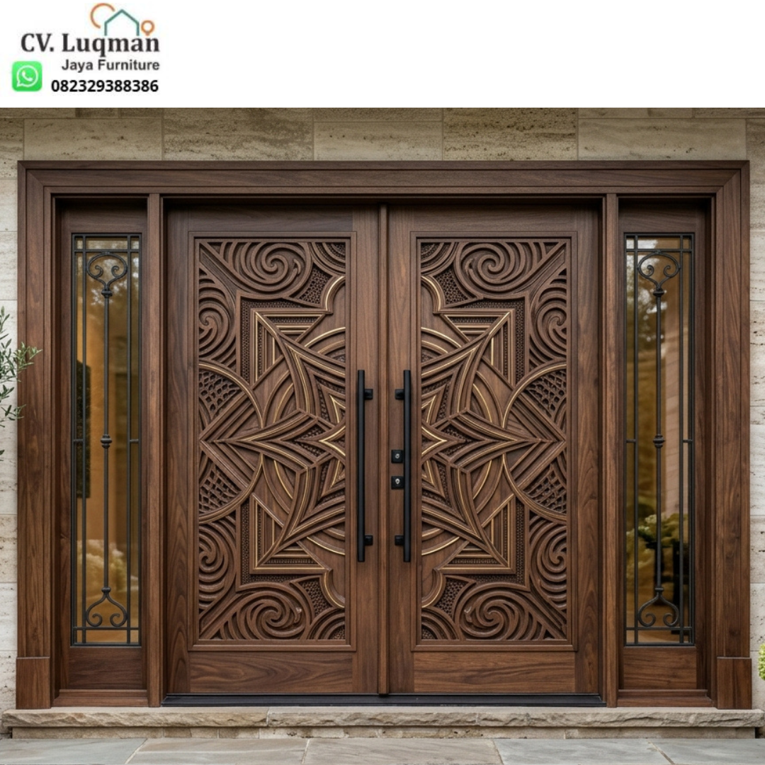 Pintu Rumah Mewah CNC Double Modern Motif Geometris Kayu Jati Perhutani 