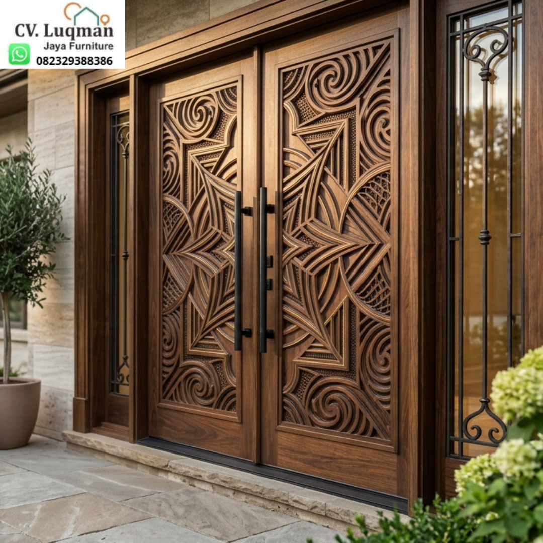 Pintu Rumah Mewah CNC Double Modern Motif Geometris Kayu Jati Perhutani Pintu Rumah Mewah CNC Double Modern Motif Geometris Kayu Jati Perhutani