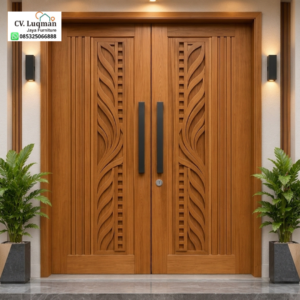 Pintu Kayu Jati Minimalis Ukir CNC Motifs Daun Modern Luqman Jaya Furniture