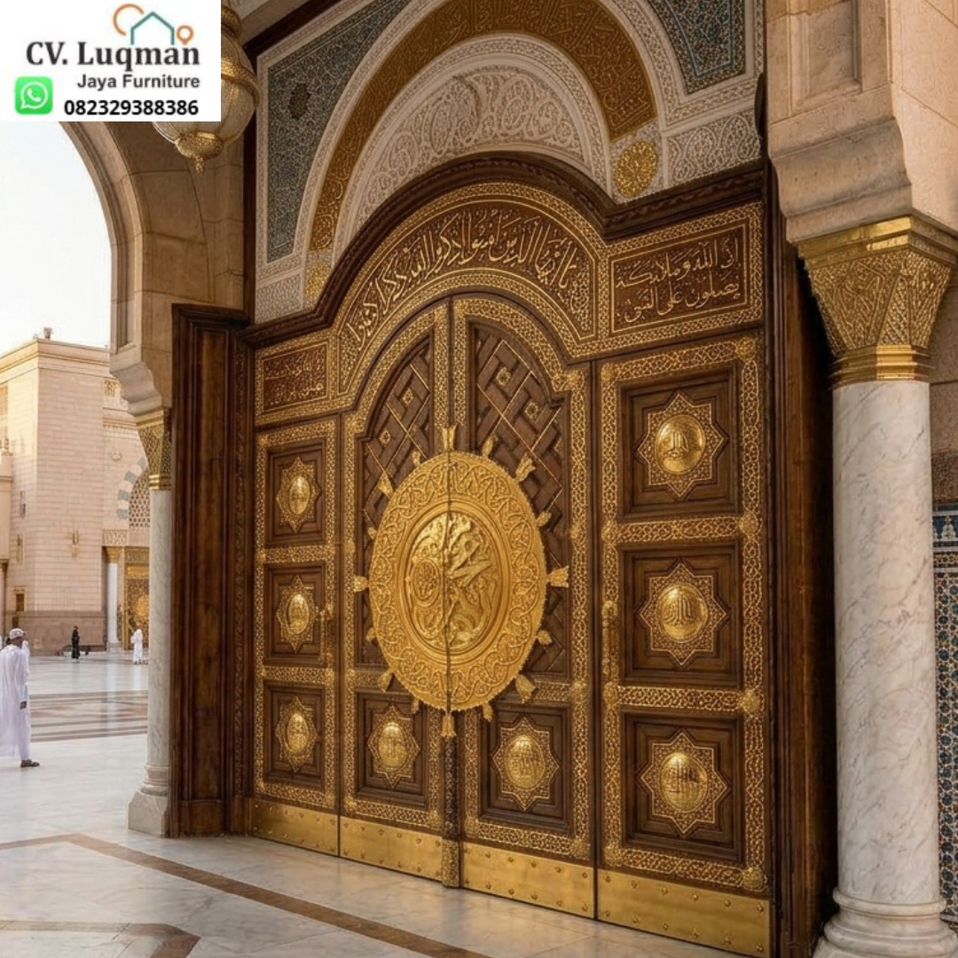 Pintu Nabawi Kayu Jati Ukiran Mewah Ornamen Kuningan Asli Pintu Nabawi Kayu Jati Ukiran Mewah Ornamen Kuningan Asli