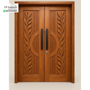 Pintu Utama Ukir Kayu Jati CNC Motif Daun Dan Lingkaran Modern