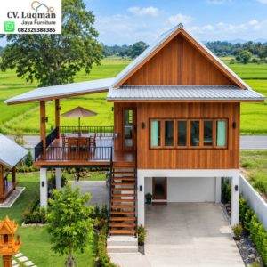 Rumah Panggung Kayu Jati Modern Tipe 6x7 dengan Garasi Terbuka