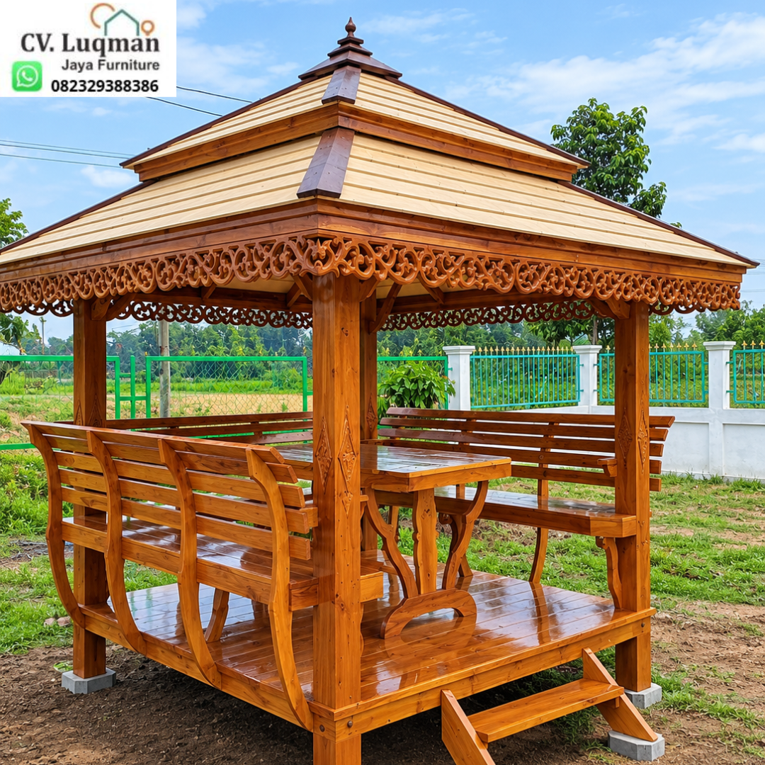 Gazebo Kayu Jati Ukir Tipe 2x3 dengan Set Meja Kursi Sandaran