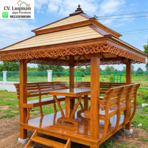 Gazebo Kayu Jati Ukir Tipe 2x3 dengan Set Meja Kursi Sandaran