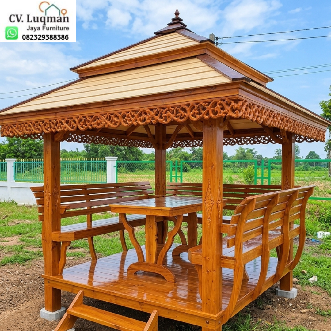 Gazebo Kayu Jati Ukir Tipe 2x3 dengan Set Meja Kursi Sandaran