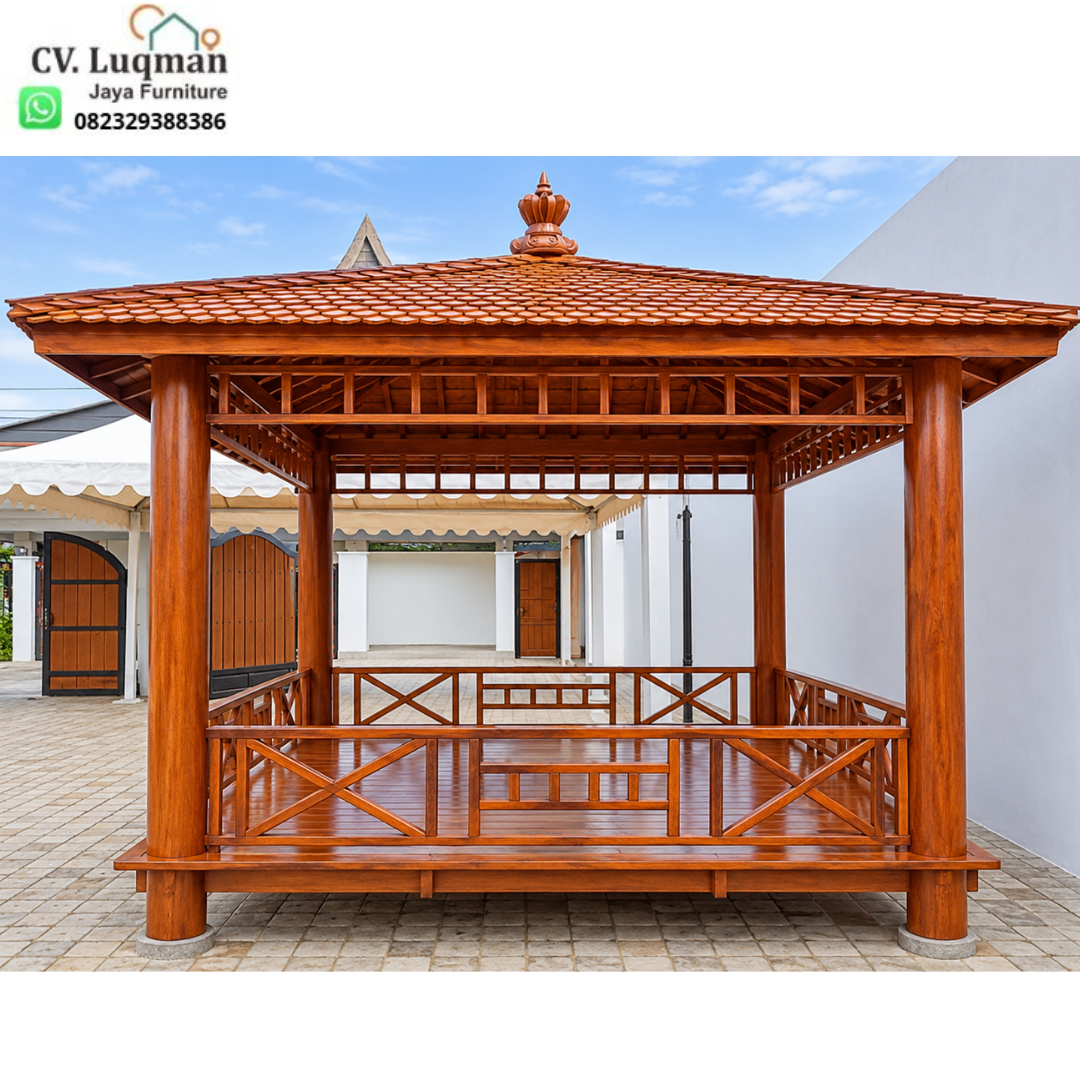 Gazebo Kayu Jati Tipe 3x3 dengan Tiang Silinder