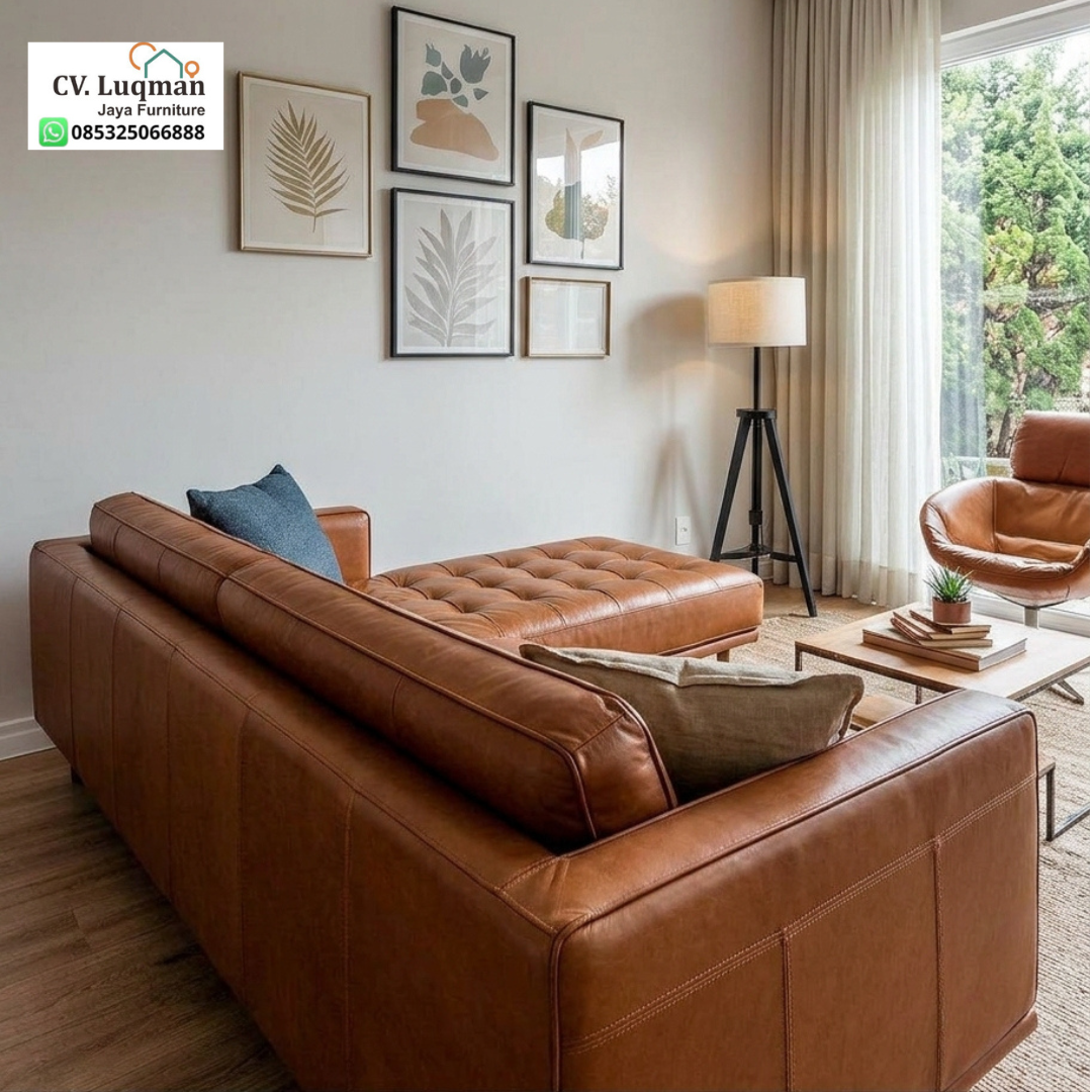 Sofa Kulit Sapi L-Shape Tufted
