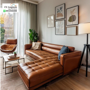 Sofa Kulit Sapi L-Shape Tufted