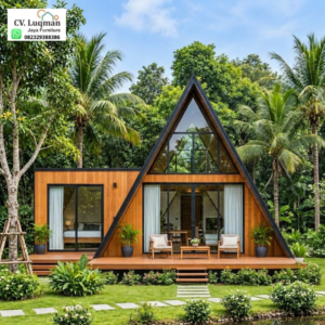 Hybrid Raffles Cabin: Rumah Segitiga Kayu Jati Kombinasi Ekstensi Moduler 6x7