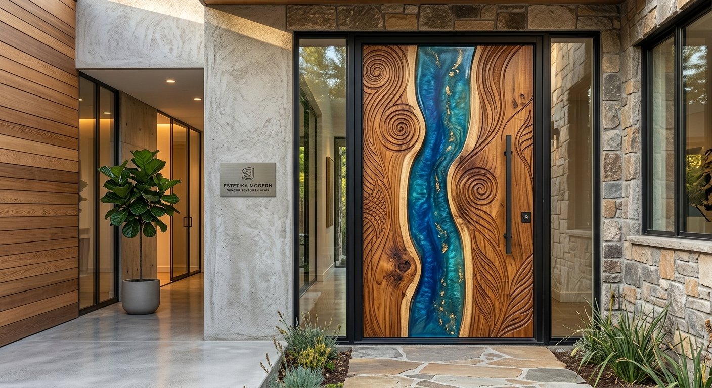 Kombinasi material pintu CNC Kayu Solid dan Resin Epoxy